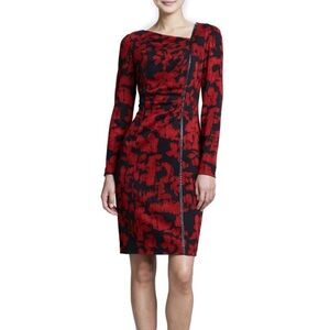 Kay Unger Asymmetric Bodycon Red Black Long Sleeve Dress Mad Men Midi Officecore